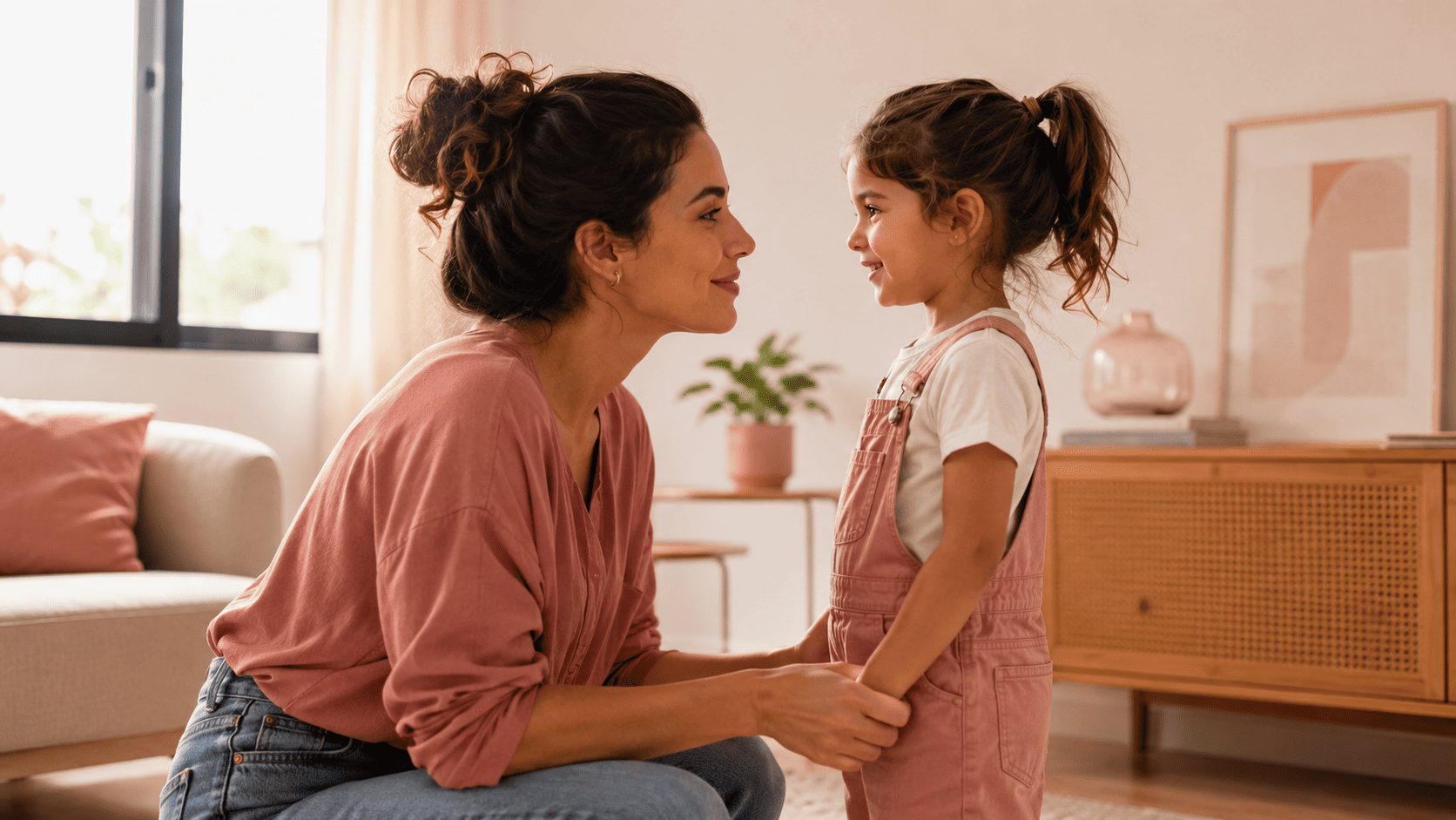 Mãe conversando com a filha, frente a frente, com calma